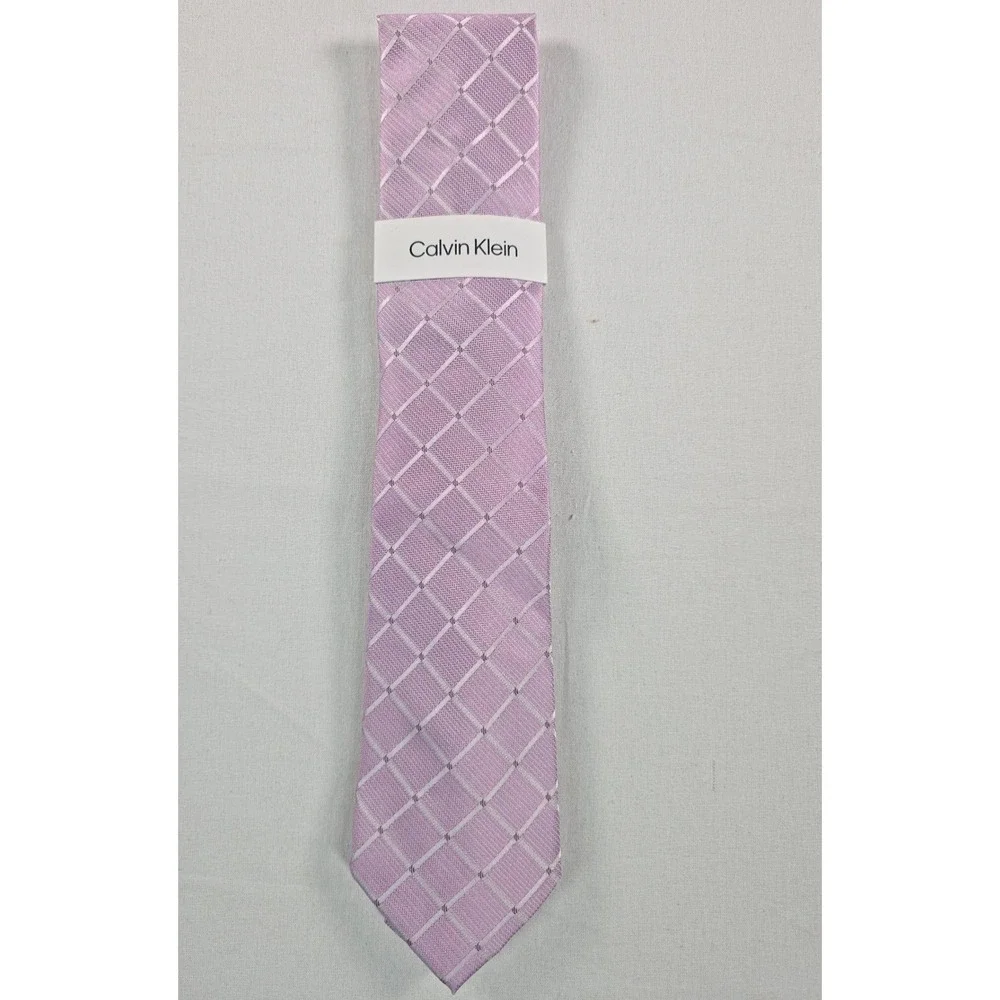 Calvin Klein Mens Tie One Size Pink Herringbone Grid Silk Blend Necktie NWT
